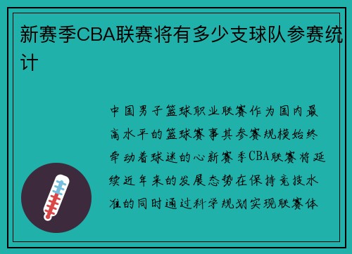 新赛季CBA联赛将有多少支球队参赛统计